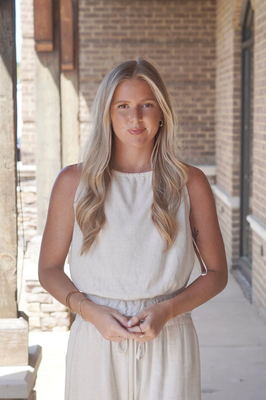 Linen Halter Neck Top, Sleeveless, Elastic Waist, Oatmeal Color, Relaxed Fit