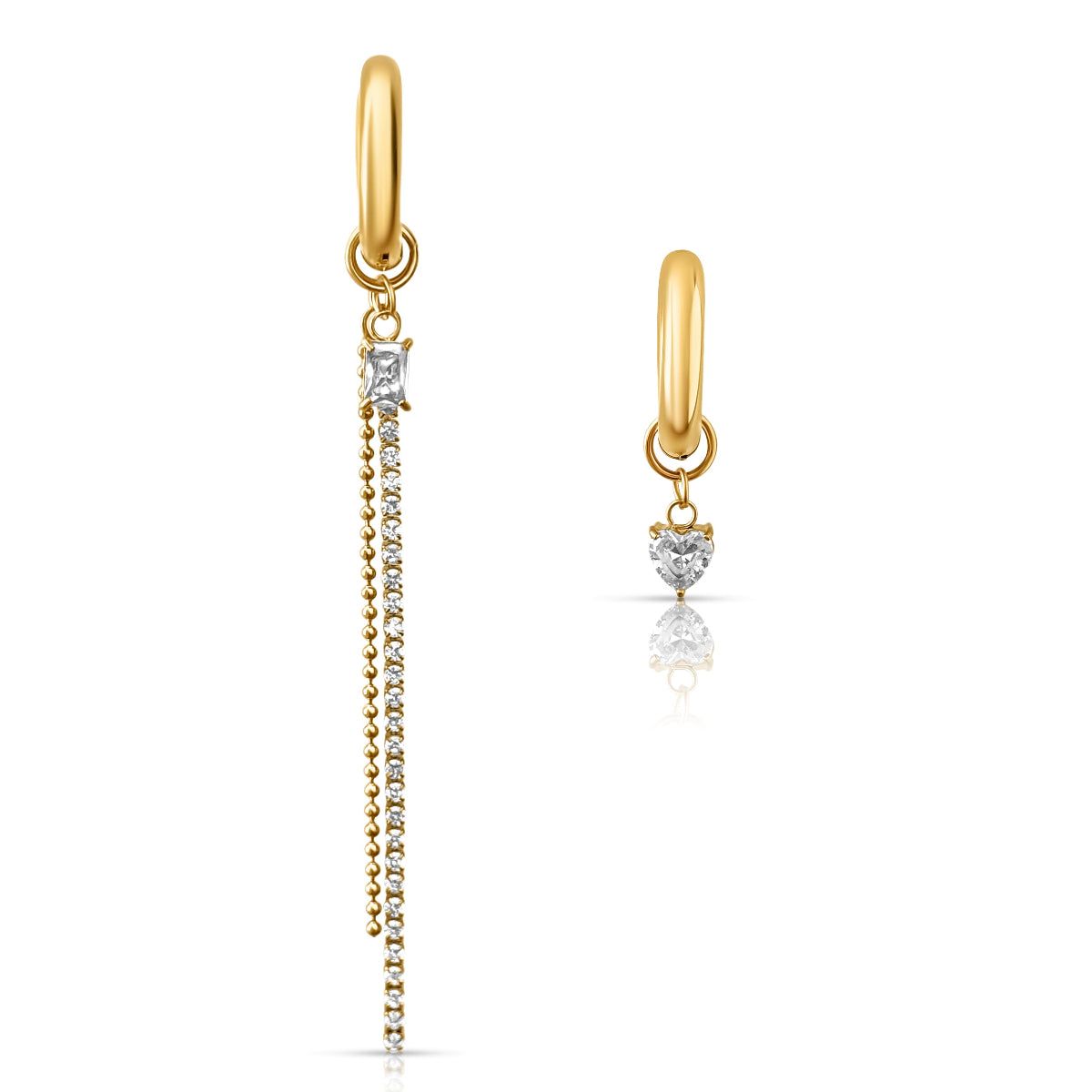 Gold Mini Hoop Earrings, Charm That Is A Dangling Chain With Square Diamond At Top And Round Diamond At Bottom, Other Charm Is A Heart-Shaped Diamond, Water Resistant, Stainless Steel, 2 cm Hoop, Shortest Length: 3.3 cm, Longest Length: 9.8 cm