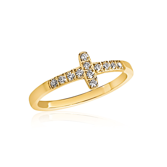 Gold Ring, Cross Design, Small Diamonds, Water Resistant, Stainless Steel, 2 mm