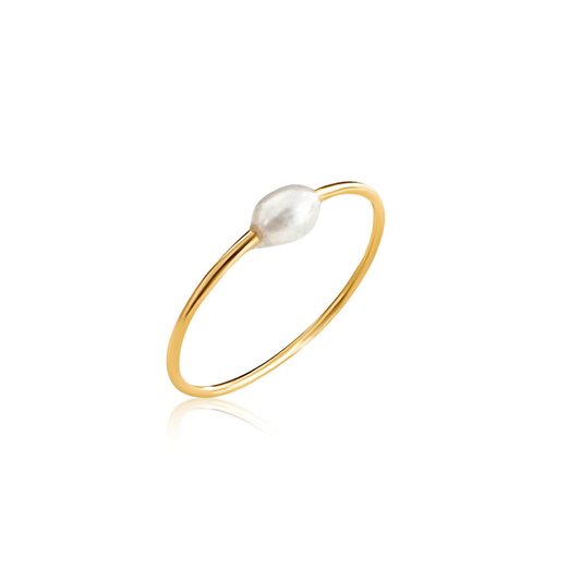 Gold Ring, White Pearl, Sleek, Water Resistant, Stainless Steel, 1 mm Band, Pearl 4 mm x 5 mm