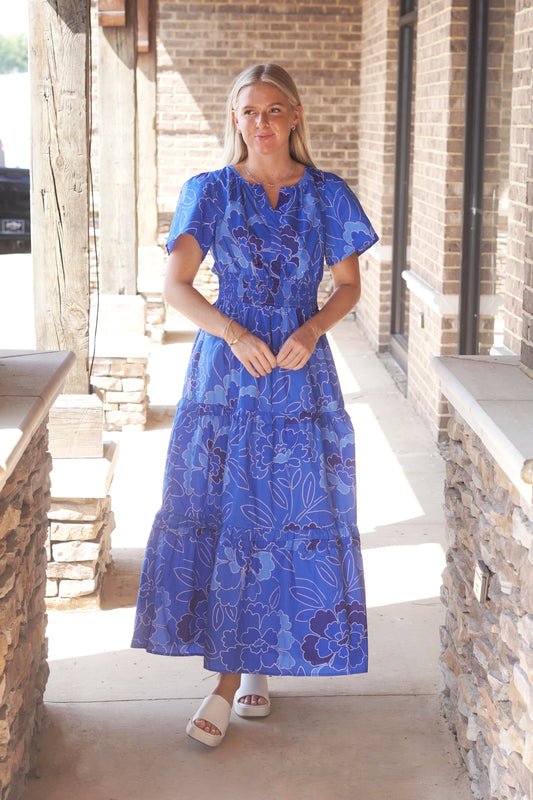 cobalt floral maxi dress, slit neckline, elastic waistline, short sleeve, tiered dress.