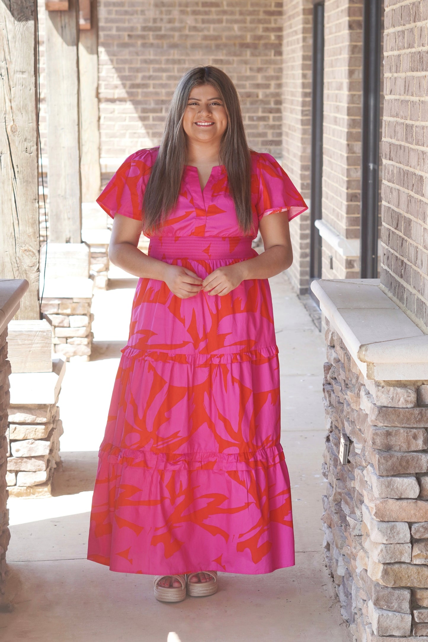 paloma print fuchsia maxi dress, sit neckline, short sleeve, tiered dress.