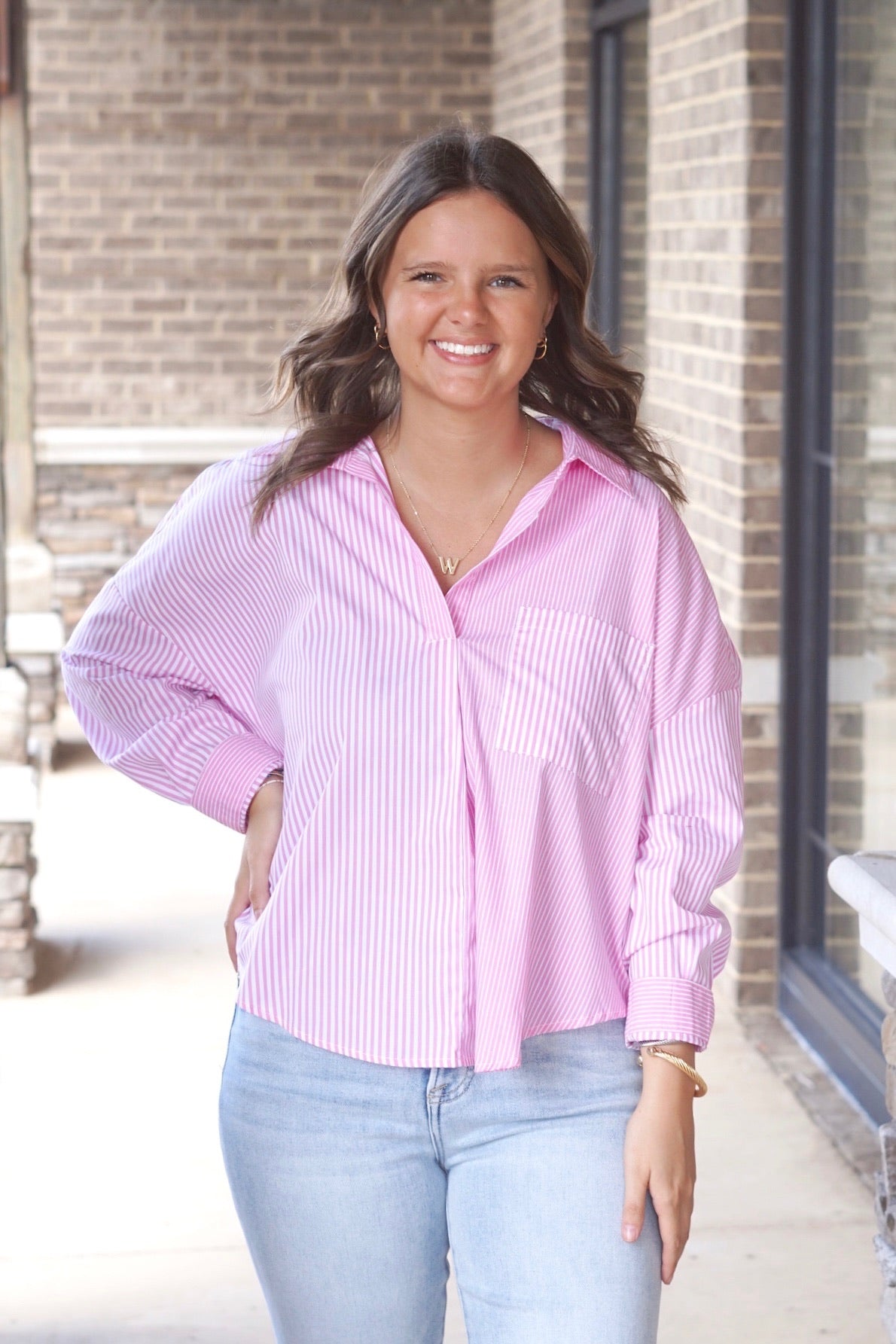 Pink and white contrast stripped top, collared, loose fit, slightly cropped, long sleeve