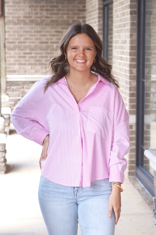 Pink and white contrast stripped top, collared, loose fit, slightly cropped, long sleeve
