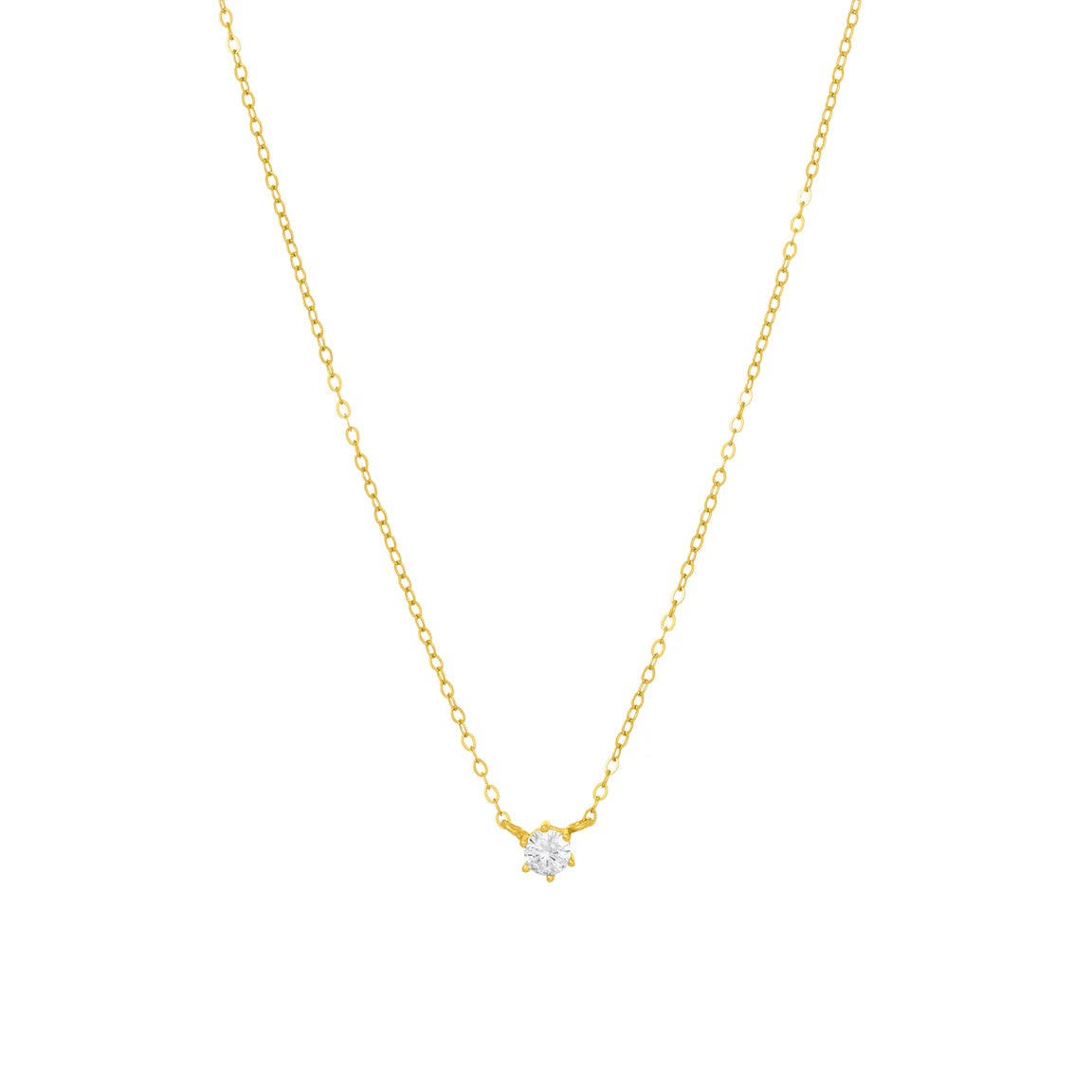 gold necklace with a clear gemstone pendant with a clasp closure