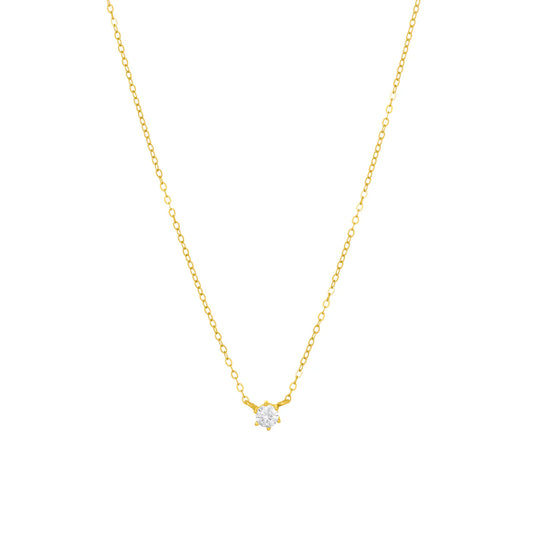 gold necklace with a clear gemstone pendant with a clasp closure