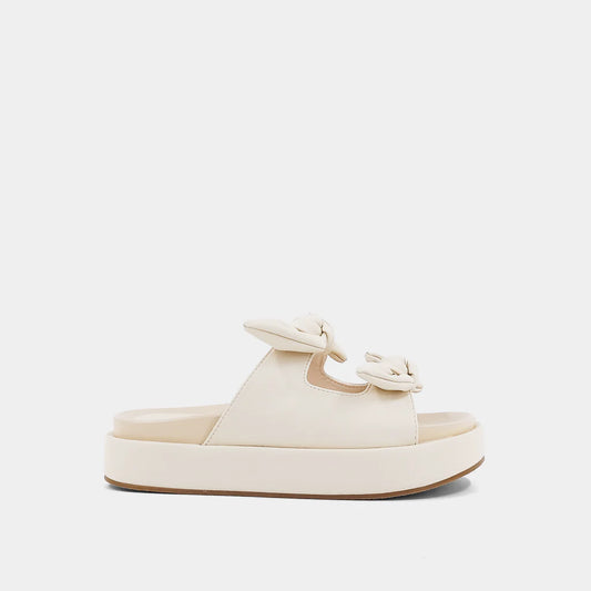 Wedged Platform Sandal, Bone Color, Faux Leather Bow Straps, Open Toed