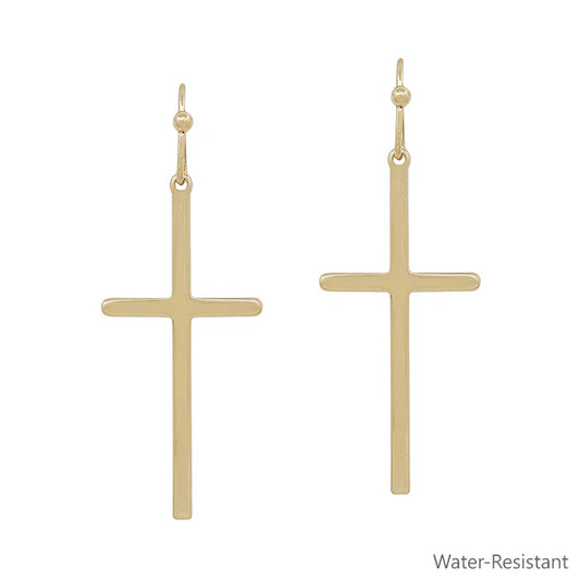 Thin Gold Cross Drop Earring, Water Resistant
