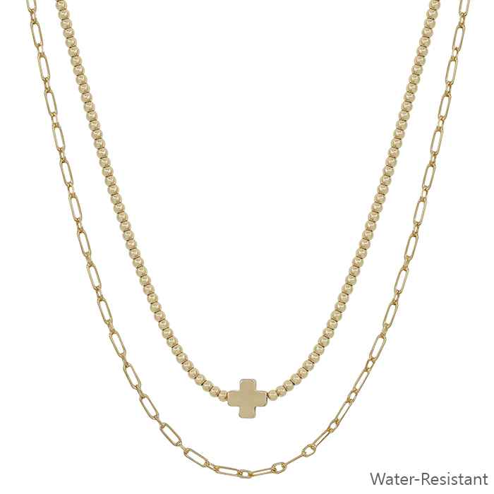 gold two layered necklace, beaded chain with cross.