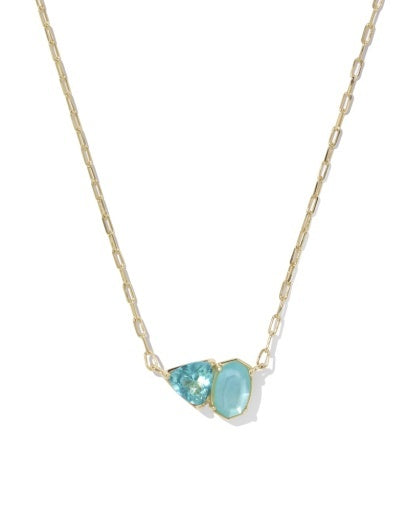 Gold Necklace with Elisa shape and a trillion-cut stone with a teal stones on a dainty chain