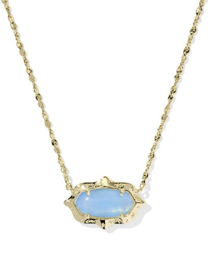 Gold chain with a blue elisa pendant in a scollop frame.