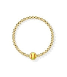 Gold beaded bracelet with a softball pendant.