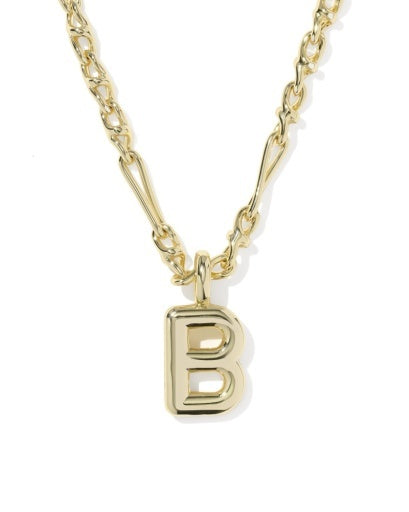 A gold initial necklace featuring a polished letter 'B' pendant on a twisted link chain, shown against a plain white background.