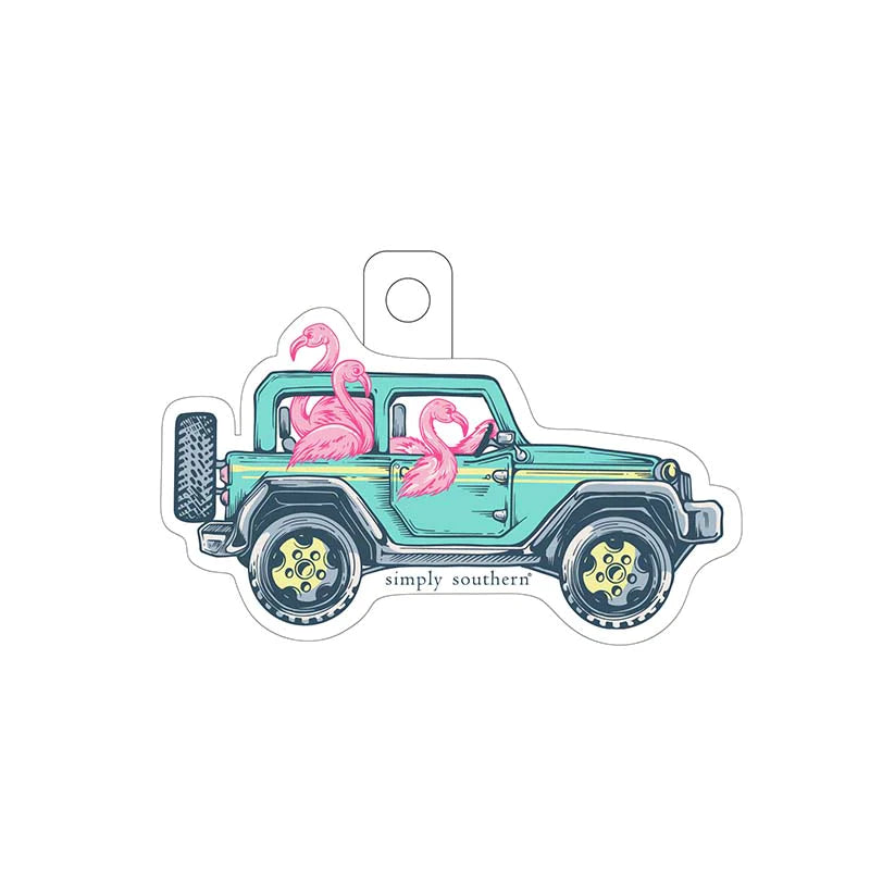Sticker with pink flamingos hanging out of a green jeep graphic 