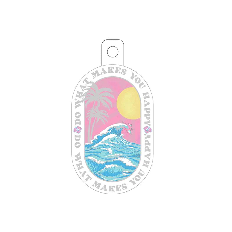 ocean graphic on a sticker with a pink background. the words "Do what makes you happy" scripted twice around the graphic. 