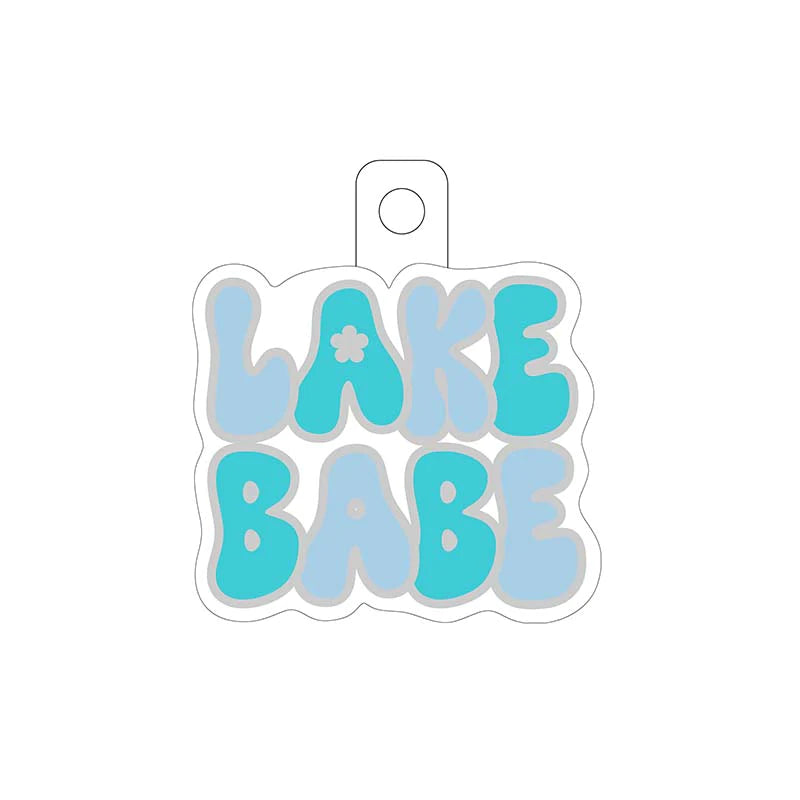 white sticker with the words "lake babe" scripted on it in sky blue and turquoise