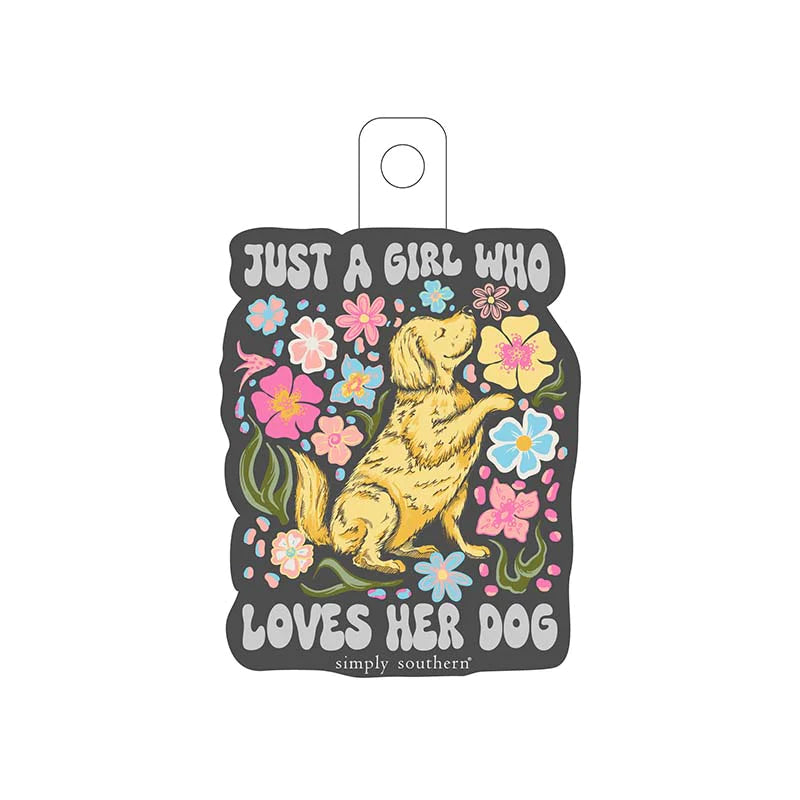 Charcoal grey base colored sticker with a golden retriever and floral graphic with the words "just a girl who loves her dog" scripted in around the graphic