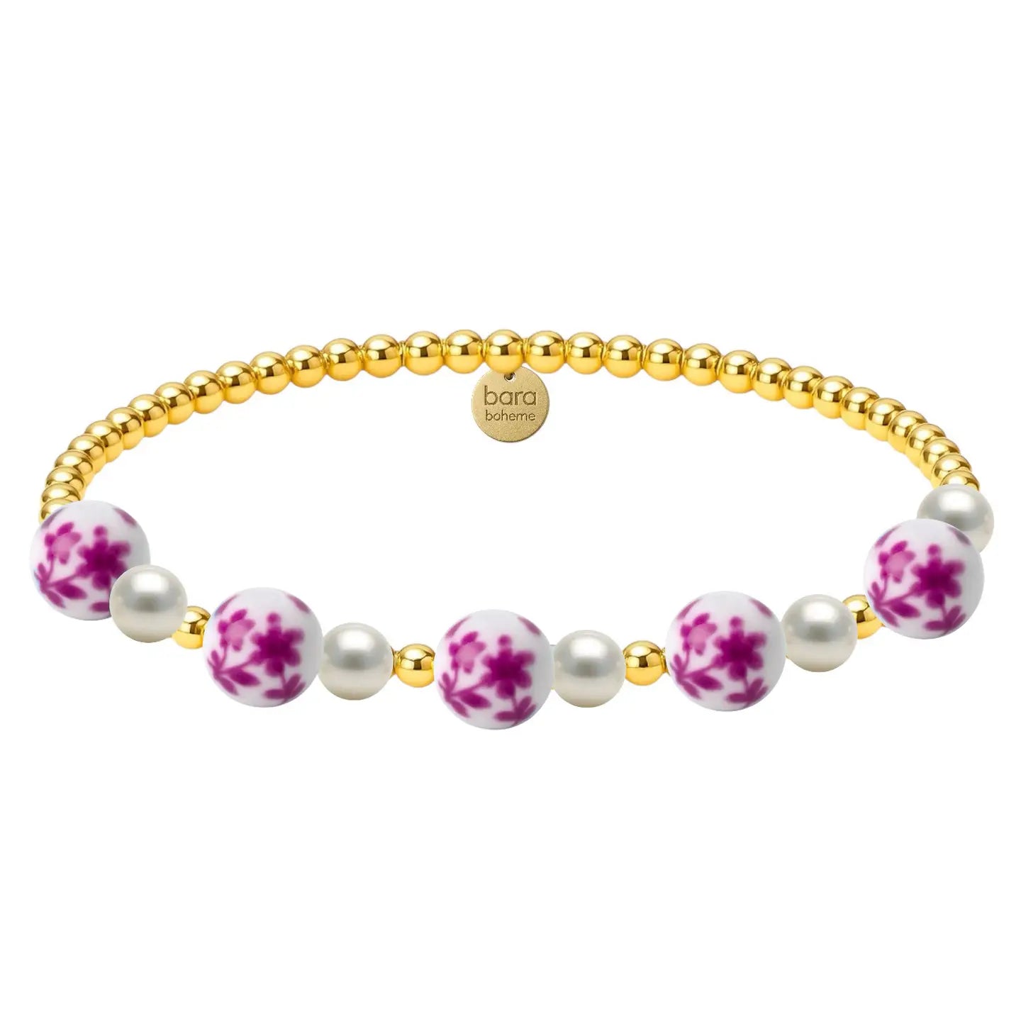 Gold Beaded Bracelet Peony with Pink Porcelain and Pearls