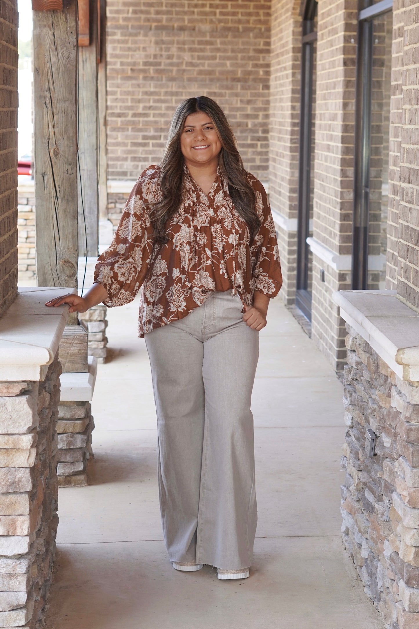 Farrah Printed Floral Blouse, V-Neckline, Front Tie, Long Sleeves, Flowy, Colors: Brown, True To Size