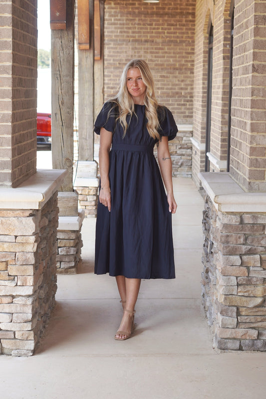 Grace Puff Sleeve Midi Dress, Round Neckline, Short Puff Sleeves, Midi Dress, Color: Navy, True To Size, Fitted In The Waist