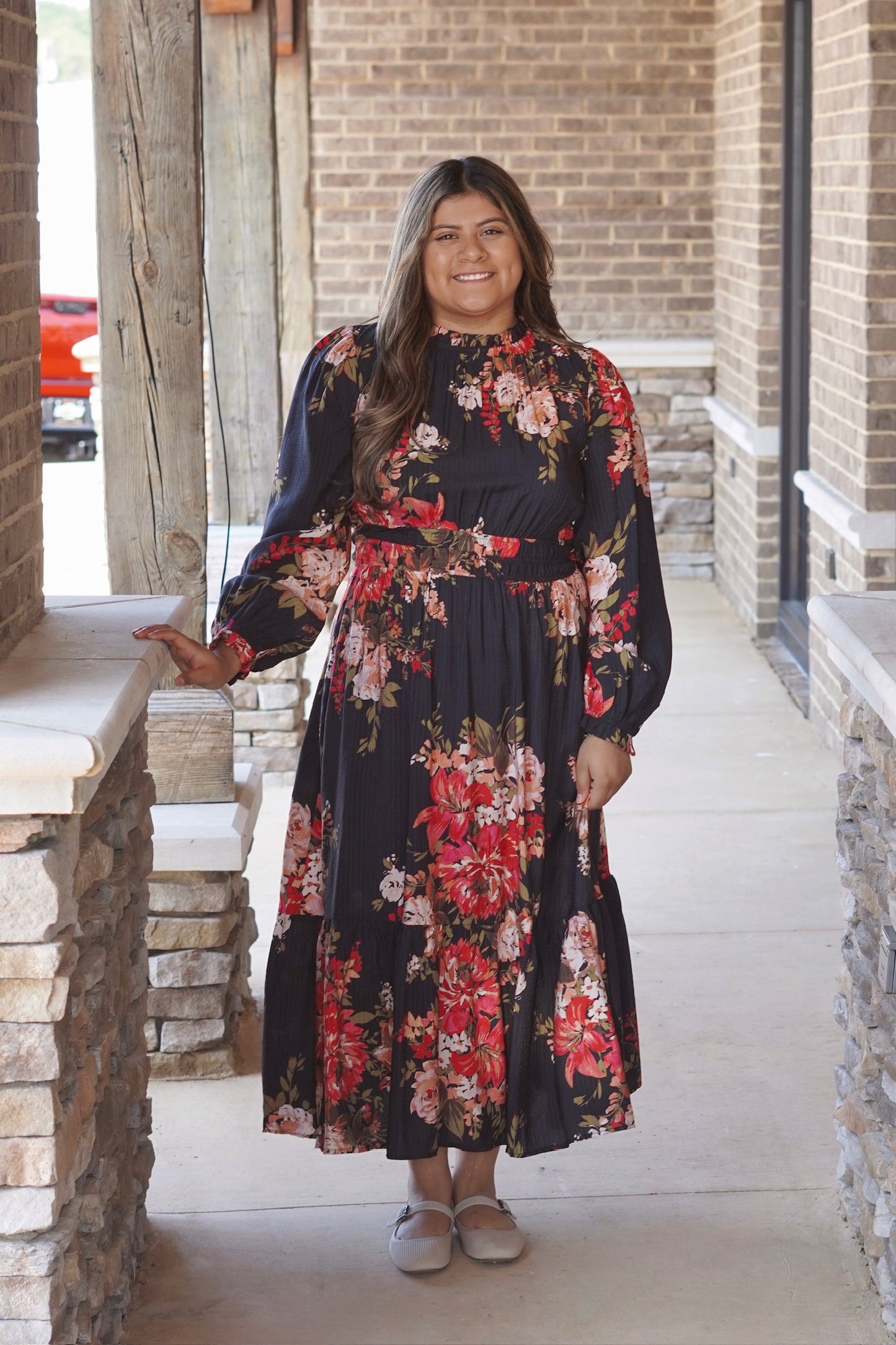 Floral Black Printed Maxi Dress, Round Neckline, Long Sleeve, Maxi Dress, Floral Print, Color: Black Multi.