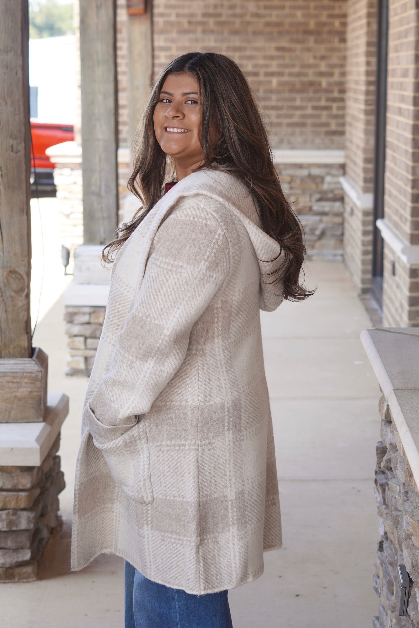 Camille Cozy Plaid Hoodie Cardigan, Round Neckline, Long Sleeves, Relaxed Fit, Hoodie, Pockets, Color: Sand