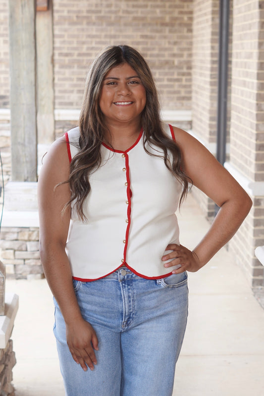 Gwen Gold Buttons Sweater Vest, Sleeveless, Button Down, Colors: White/Red, Fitted, Waistline Length