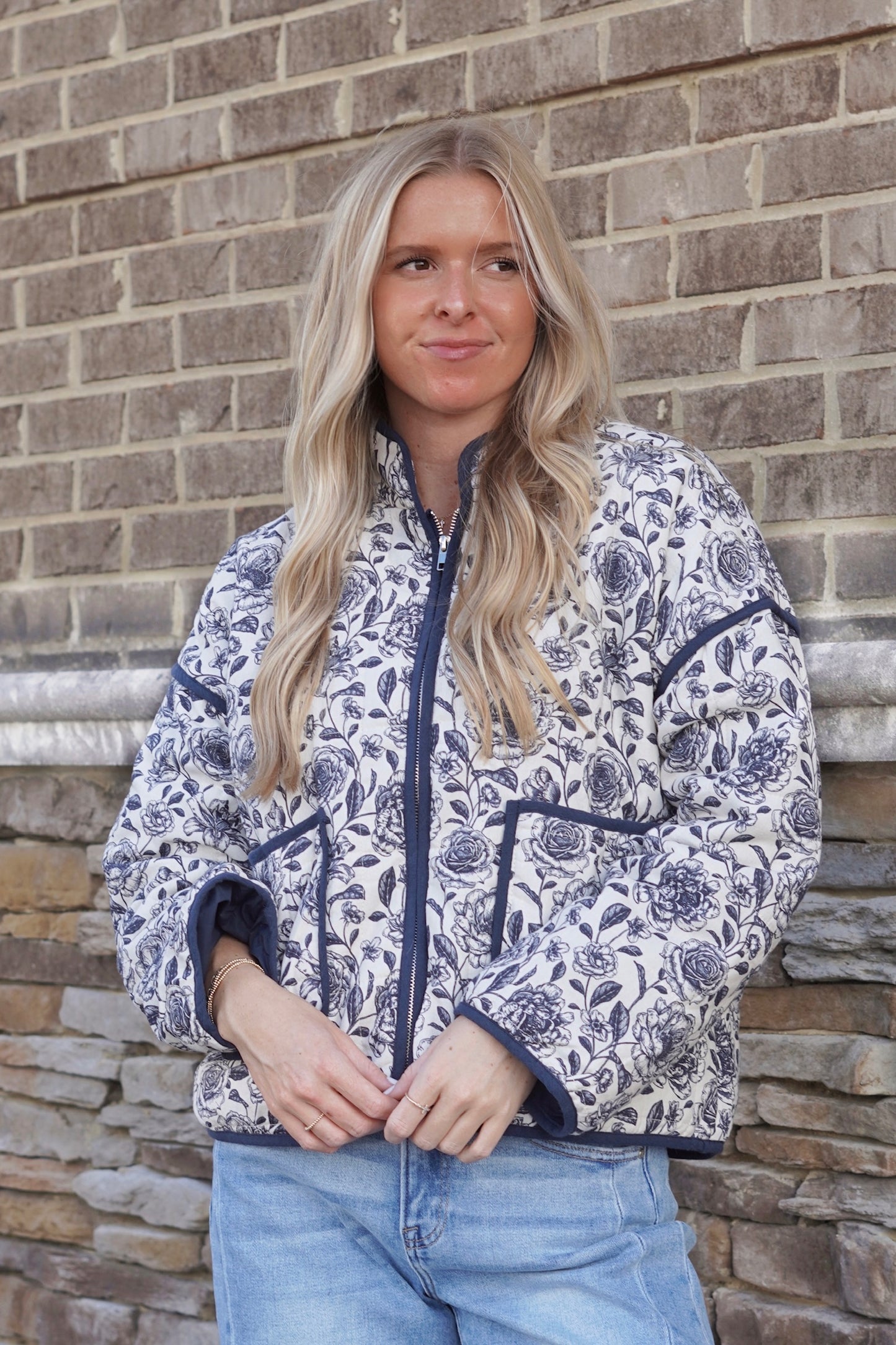 Nola Navy Floral Quilted Jacket, Zip Up, Pockets, Long Sleeves, Floral Print, Color: Navy, Relaxed Fit, Full Length