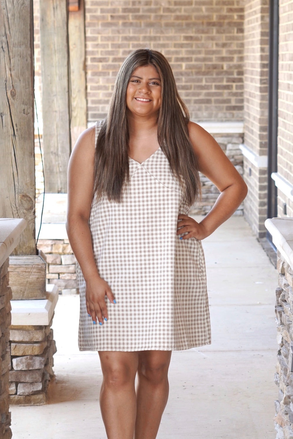 Penny Plaid Denim Dress, V-Neckline, Sleeveless, Pockets, Back Zipper Closure, Plaid, Color: Cream/taupe