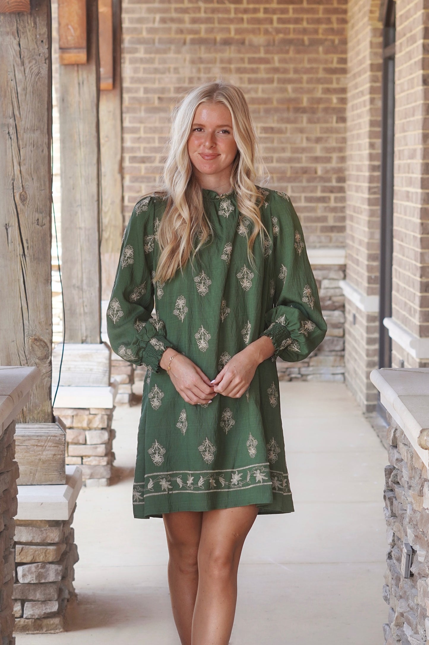 Evergreen Embroidered Long Sleeve Dress, High Neckline, Long Sleeves, Mid Thigh Length, Color: Pine, Embroidered Detail, Relaxed Fit, True To Size.