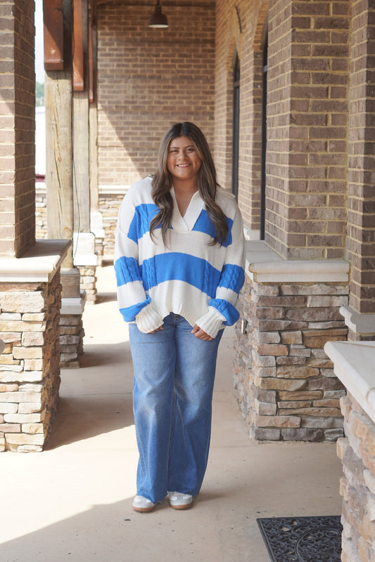 Blue Stripes Long Sleeve Sweater, Collar Neckline, Long Sleeves, Sweater, Knit Material, Blue Stripes, Color: Cream/Blue, Full Length