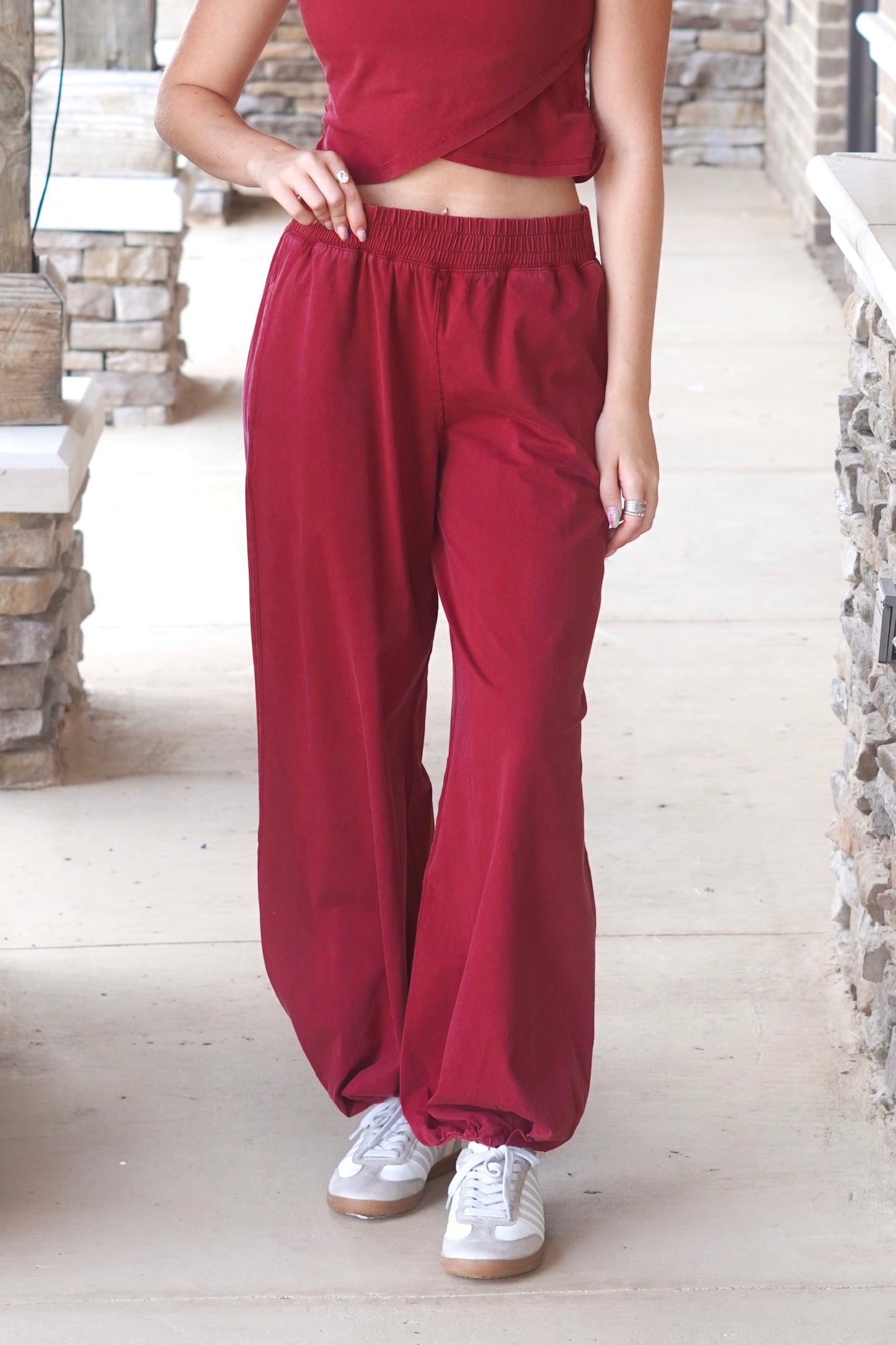 Red mineral washed joggers, cinched waist, mid rise