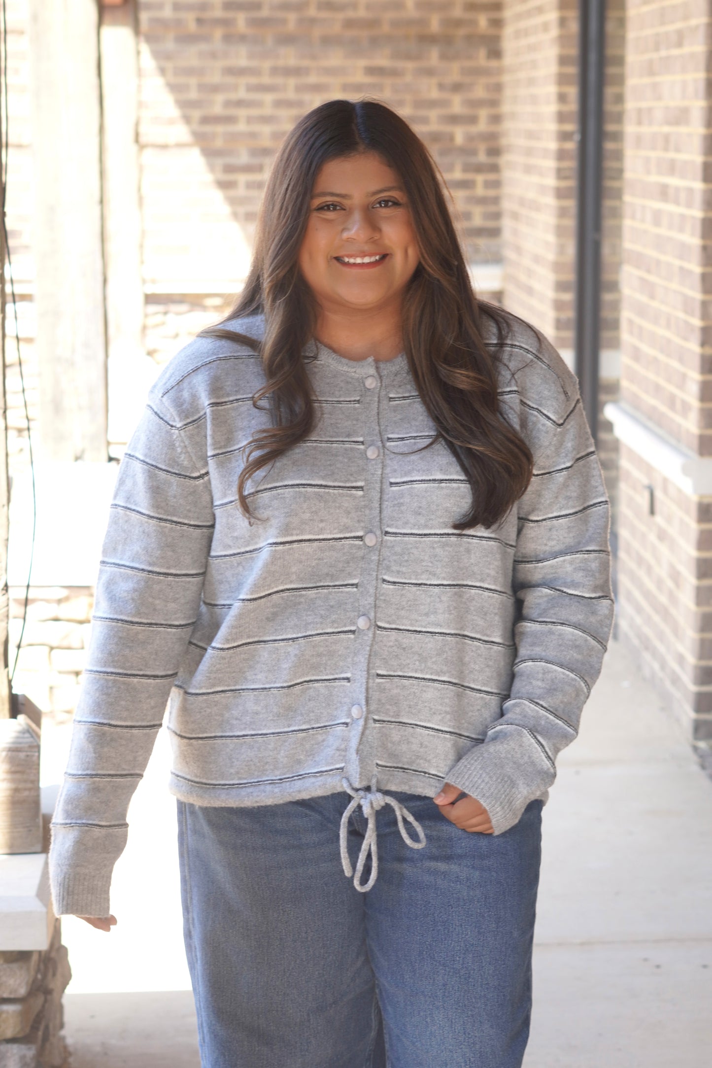 Gemma Grey Striped Sweater Cardigan