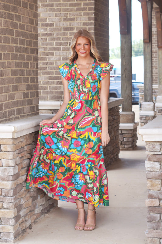 V-Neck midi dress, bight colored floral print, flutter sleeve