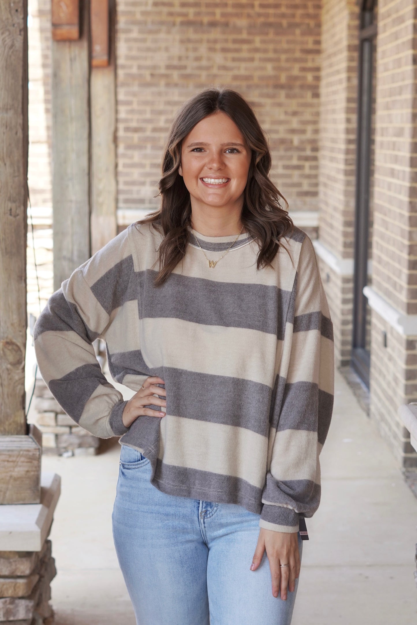 Sutton Striped Soft Long Sleeve, Round Neckline, Long Sleeves, Striped, Soft Knit Material, Relaxed Fit, Waistline Length, Colors: Charcoal.