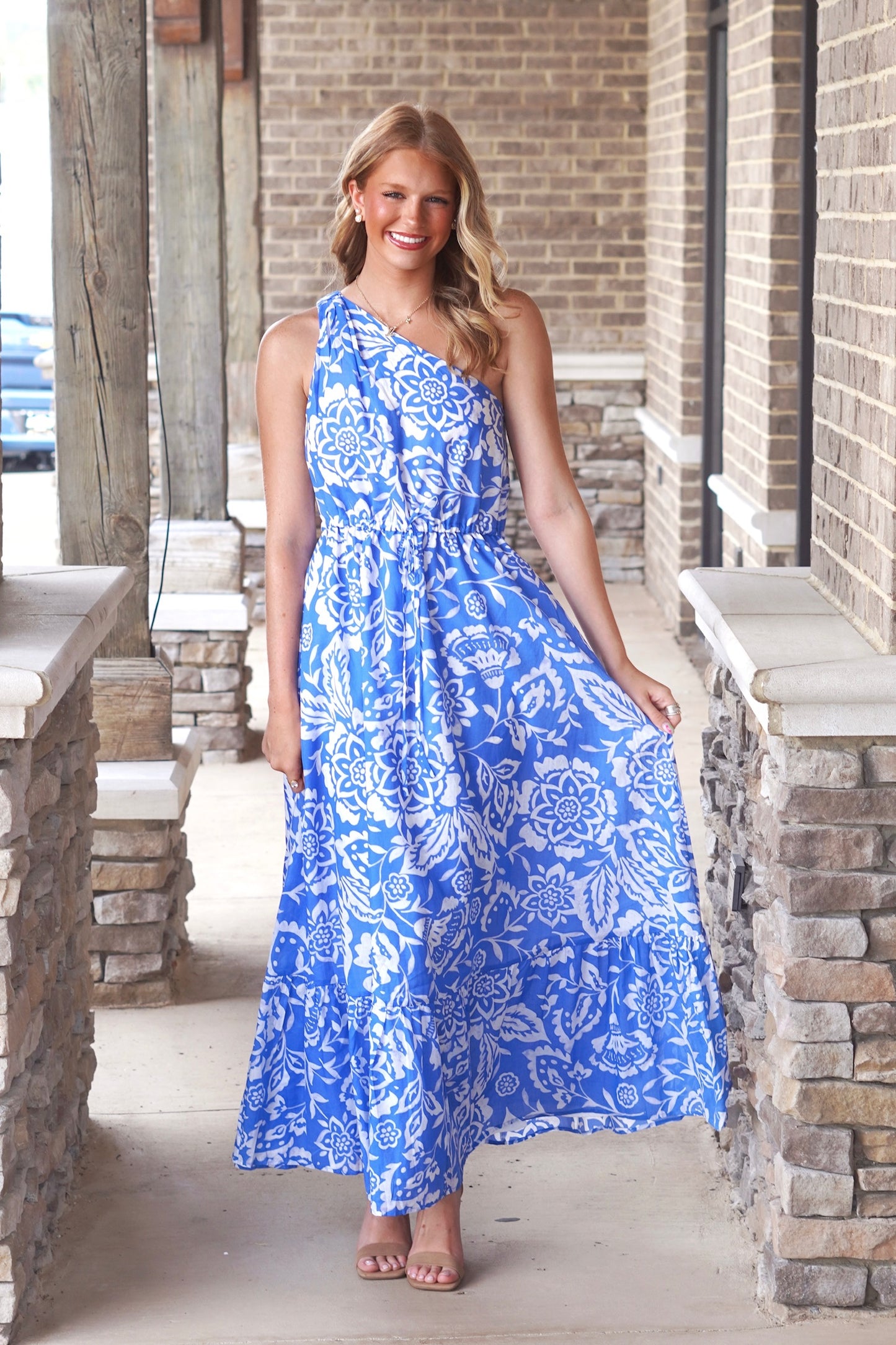 one shoulder maxi dress, blue and white floral print, cinched tie waist