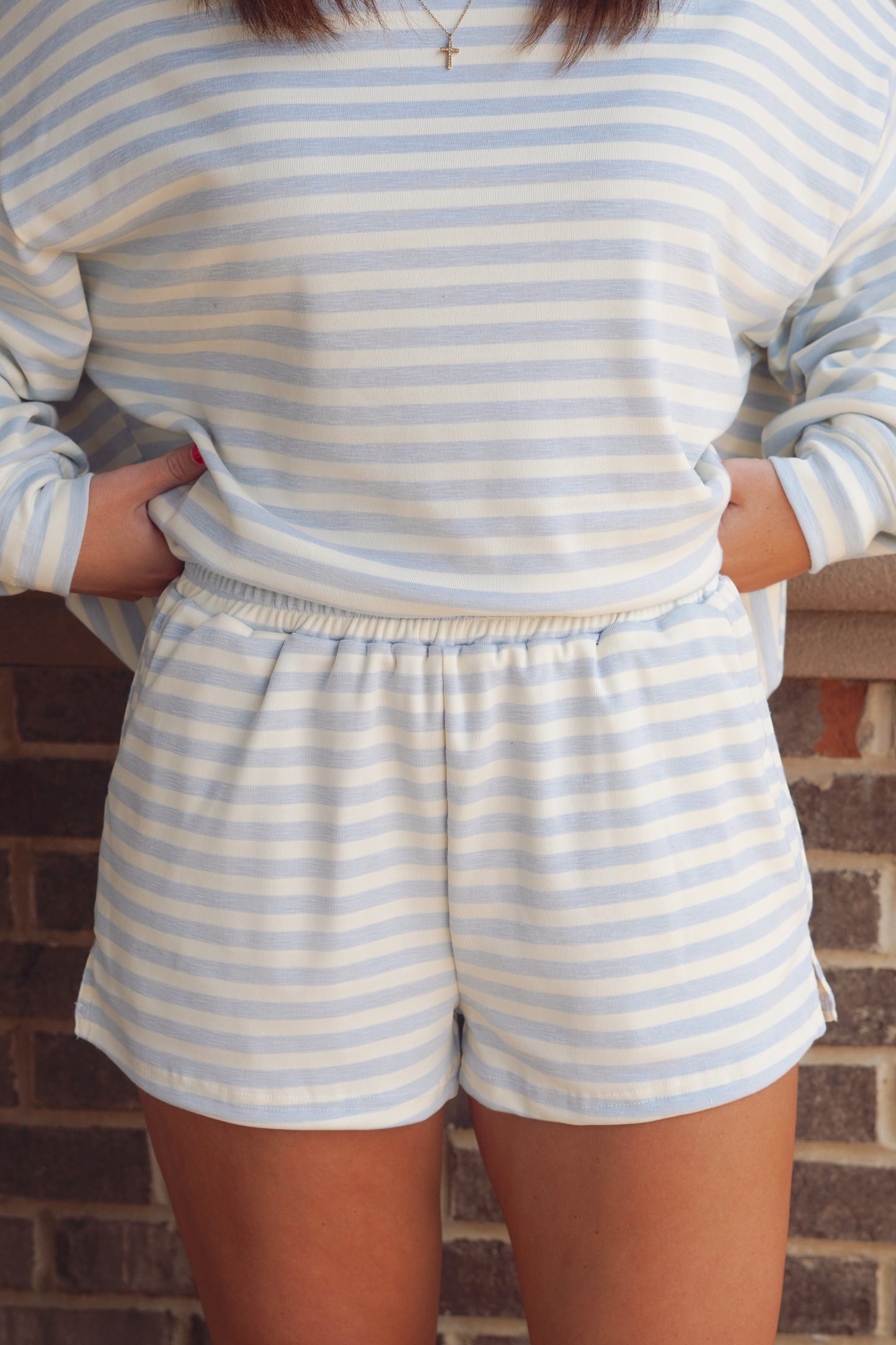 Blue and Cream shorts with an elastic waistband.
