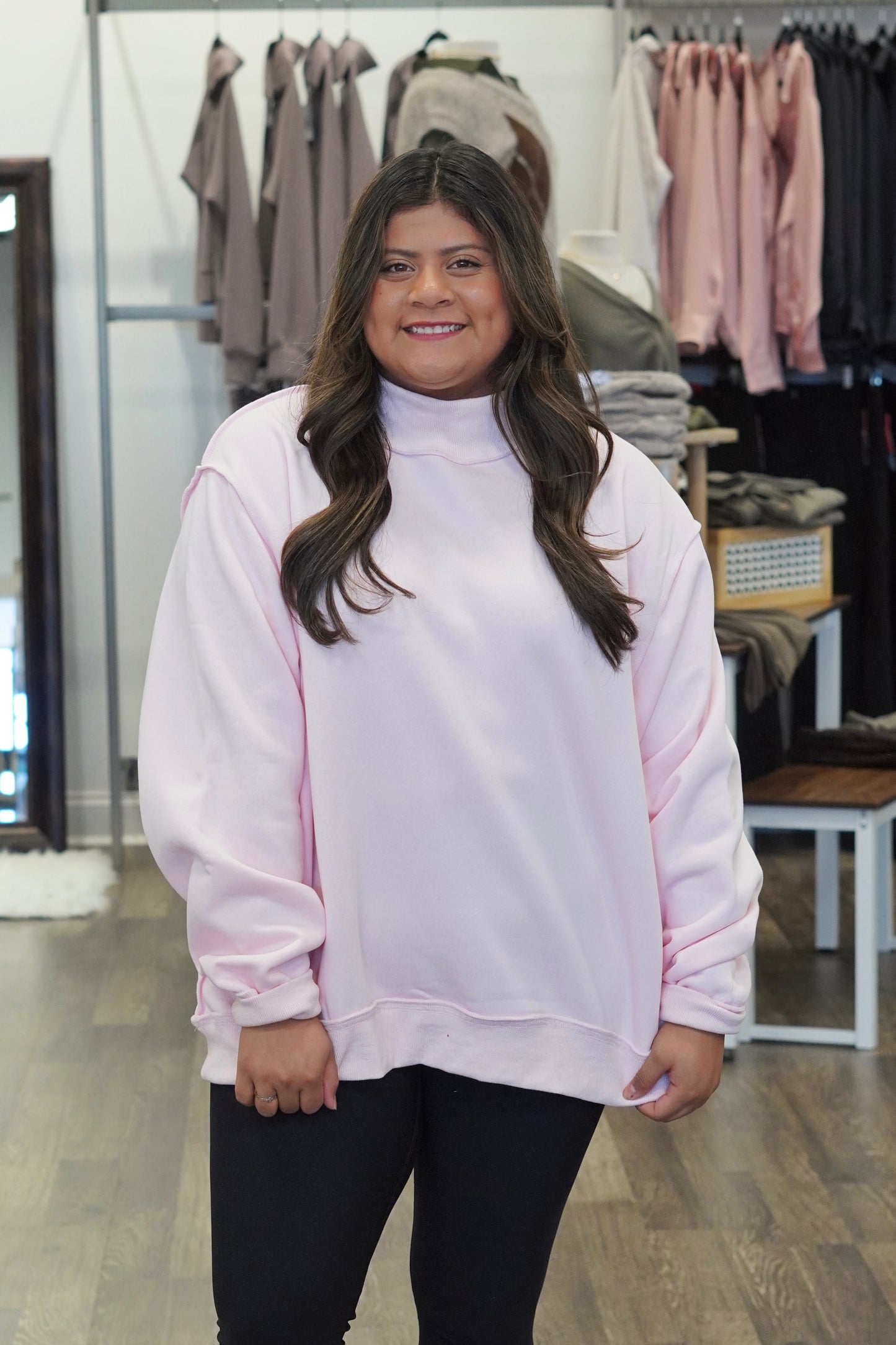 Reversible Mock Neck Sweatshirt, Long Sleeves, Full Length, Oversized, Ballet Pink