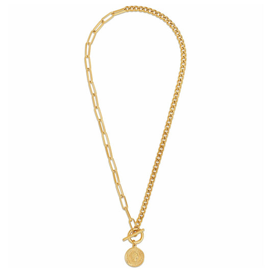 gold necklace with two different chains, toggle closure, and a coin charm pendant, 20" length