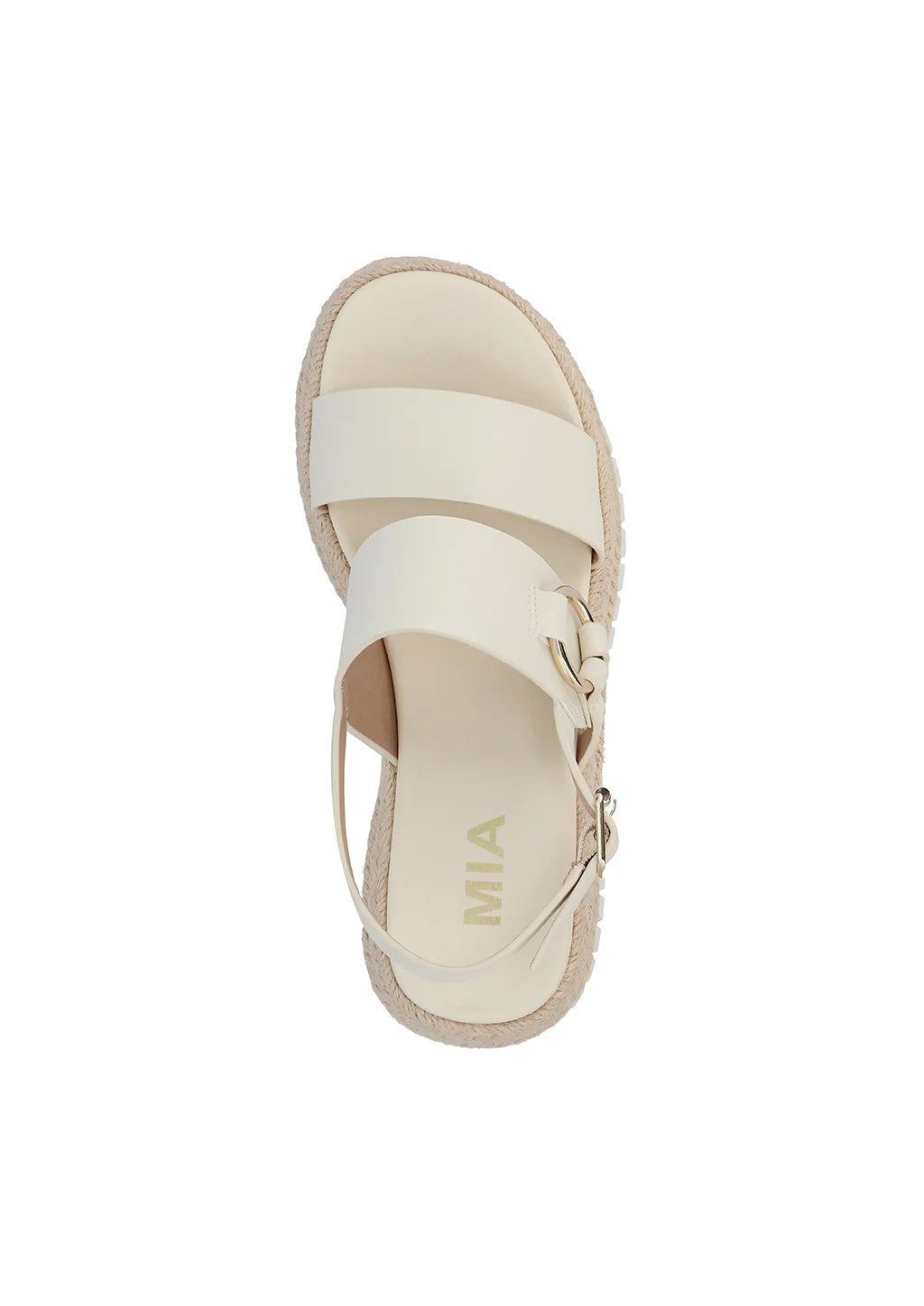 Mia Yuna Platform Sandal, ring detailing, adjustable buckle, and braided raffia, MIA signature footbed, Heel height is 2.3inch, Bone Color