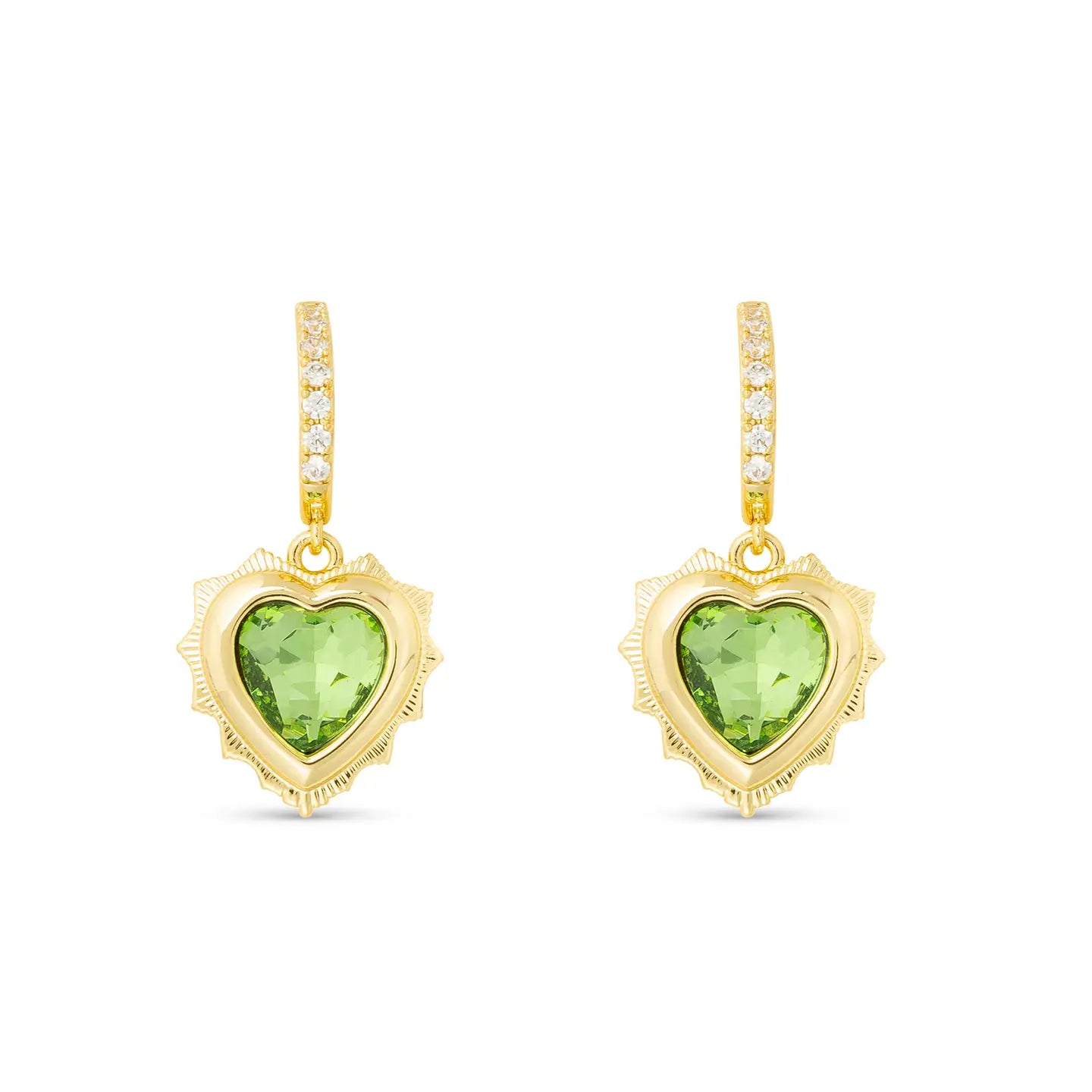 Gold Huggie Earring with Gold Dangle Heart Pendant Filled with Birthstone Crystal.
