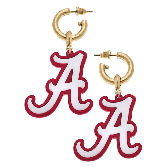 Collegiate Resin Logo Drop Hoop Earrings, "Alabama Crimson Tide" Script Logo
Closure: Ear Post Back