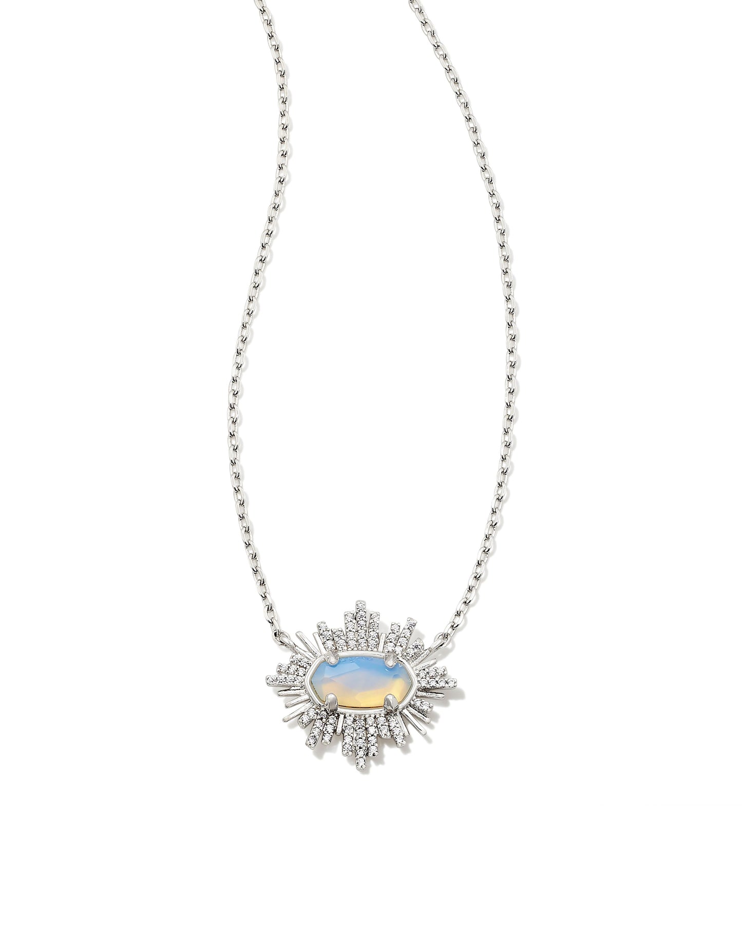 The pendant you know and love, with an extra bit of sparkle (because why not!). The Grayson Silver Sunburst Frame Short Pendant Necklace elevates one of our classic pendant silhouettes with a sparkling sunburst frame. Dainty and versatile, this necklace is perfect for those wanting to dress up their everyday staples. Silver