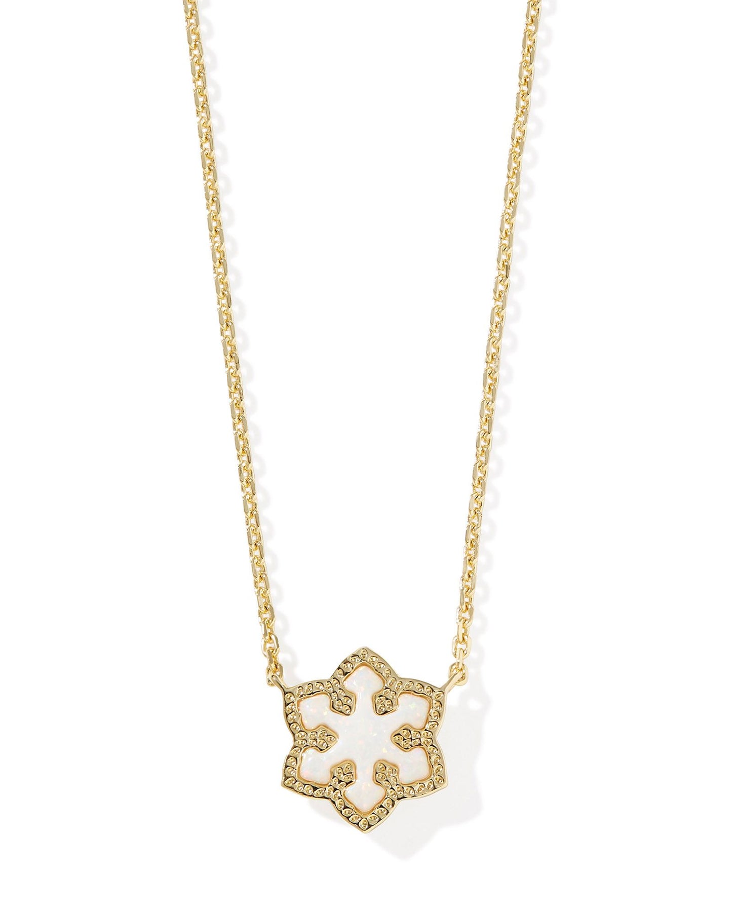 14K Gold over brass necklace with snowflake pendant in White Kyocera Opal. Lobster clasp closer. 14'CHAIN WITH 4" EXTENDER