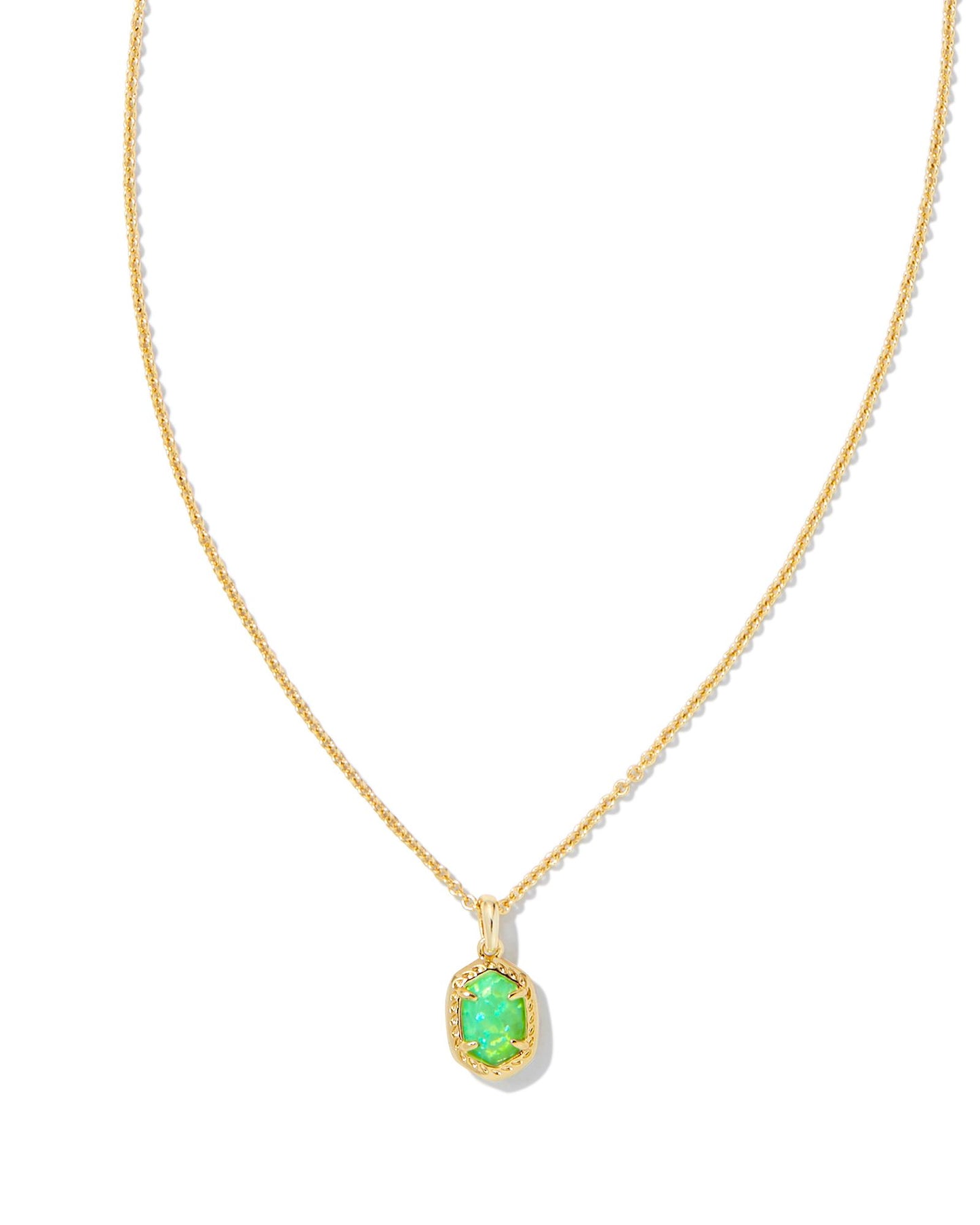 gold necklace with a bright green opal pendant, size is 19' CHAIN, 0.3"L X 0.47"W PENDANT