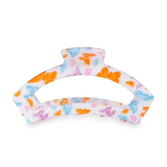 Large white open hair clip with orange pink blue and purple butterflies.