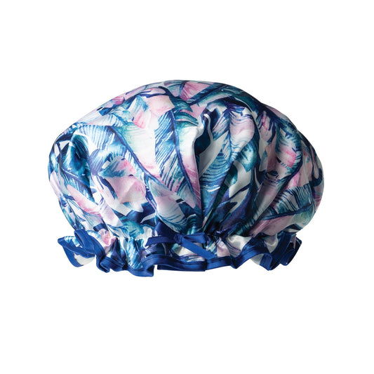 blue pink and white palm leaves printed shower cap