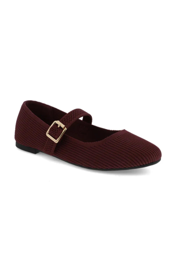 Classic round almond toe flat shoe and a flexible strap for a secure fit, burgundy