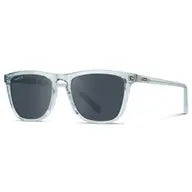 Sunglasses with light blue transparent frames and arms