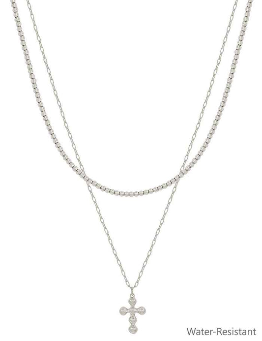 Silver 2mm Beaded Chain with Silver Cross Layered Necklace, Water Resistant